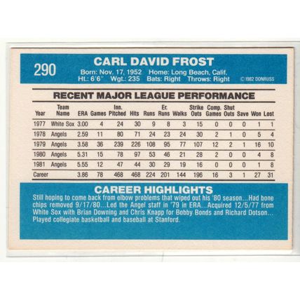 1982 Donruss baseball card 290 Dave Frost