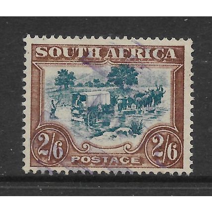 SOUTH AFRICA 1930 2s.6d GREEN & BROWN OX-WAGON P 14 x 13 1/2 SG 37 FINE USED