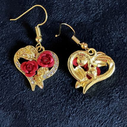 Earrings Golden Red Rose Heart Shape Drop Dangle #588