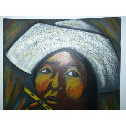 Vintage Ecuador Painting, Arturo Nieto, Girl Playing a Flute, 49.5 x 35.2 cm