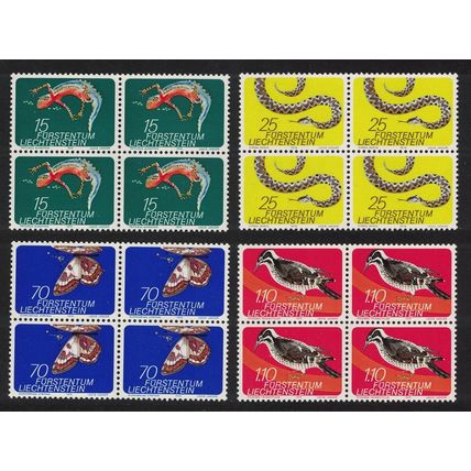 Liechtenstein Butterfly Woodpecker Bird Newt Adder 4v Blocks of 4 1974 MNH