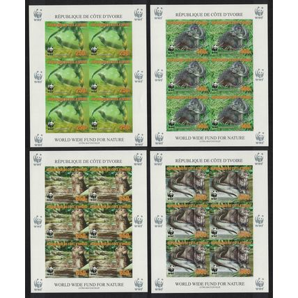 Ivory Coast WWF Speckle-throated Otter 4 imperf Sheetlets of 6 Reprint 2005