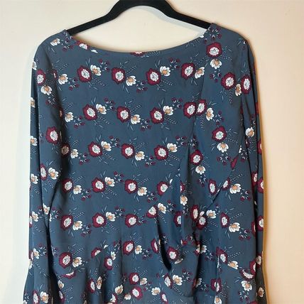 LOFT Outlet Women's Grey Floral Ringer Blouse S Long Sleeve Ruffle Detail