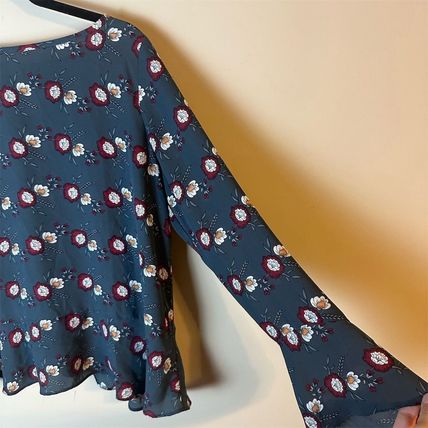 LOFT Outlet Women's Grey Floral Ringer Blouse S Long Sleeve Ruffle Detail