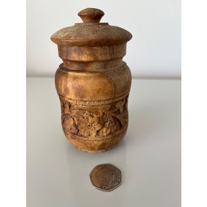 VINTAGE WOODEN POT WITH FLOWER CARVINGS