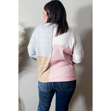 Multicolor Cable Knit Colorblock Long Sleeve Plus Size Top