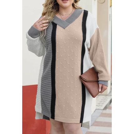 Apricot Mixed Boucl Color Block Plus Size Sweater Dress