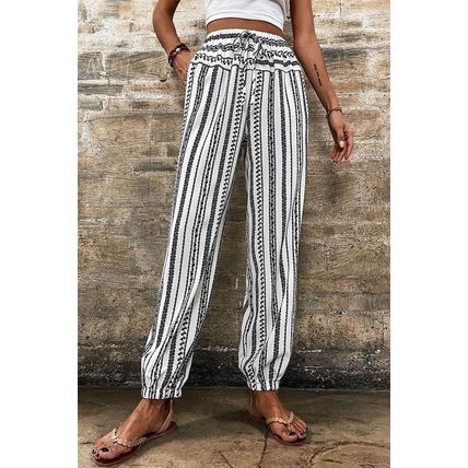 Black Stripe Boho Striped Print Casual Pants