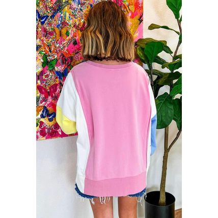 Bonbon Color Block Exposed Seam Side Slits Crewneck Sweatshirt