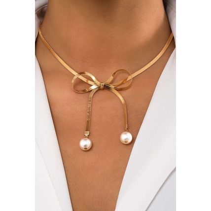 Gold Pearly Bow Collarbone Necklace