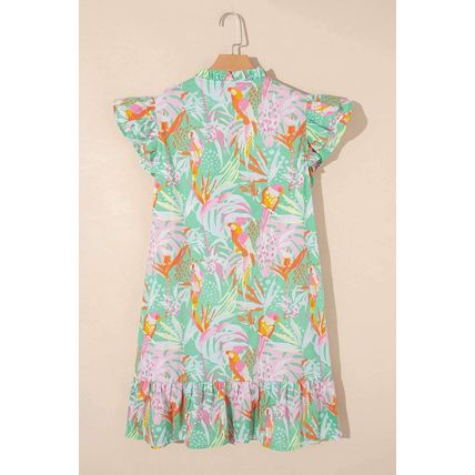 Green Abstract Floral Ruffle Trim Flutter Sleeve Buttoned Dress