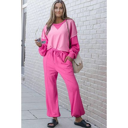 Bonbon Contrast Patchwork Pullover and Drawstring Joggers Set