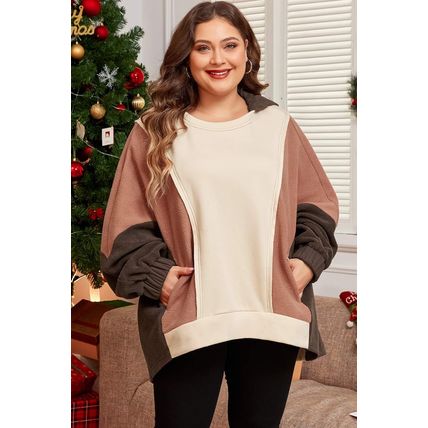 Brown Exposed Seam Colorblock Plus Size Hoodie