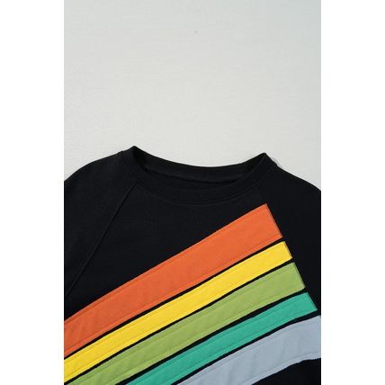 Black Rainbow Colorblock Striped Pullover Sweatshirt