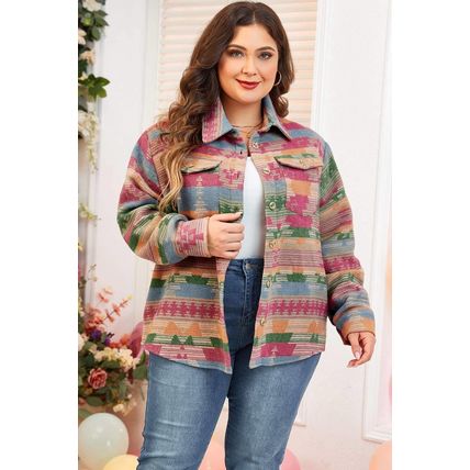 Pink Plus Size Aztec Printed Flap Pocket Shacket