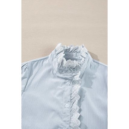 Sky Blue Stripe Frilled Trim Button Up Long Sleeve Shirt