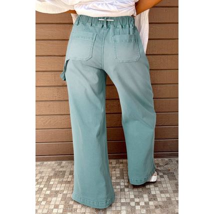 Smoke Green Mineral Wash Drawstring High Waist Wide Leg Jeans