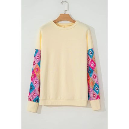 Apricot Geometric Printed Patchwork Long Sleeve Round Neck Top