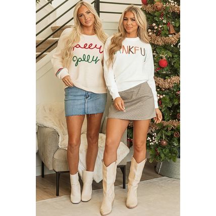 Beige Tinsel Holly Jolly Graphic Classic Sweater
