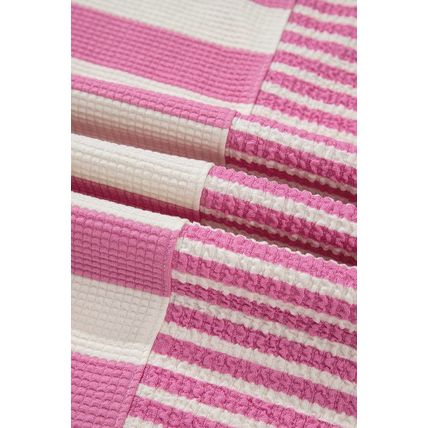 Pink Stripe Patchwork Textured Short Sleeve High Low Loose Top