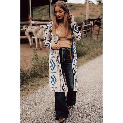 Sky Blue Western Aztec Printed Open Front Long Cardigan