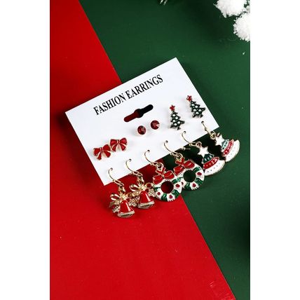 Racing Red 6 Pairs/Set Christmas Tree Wreath Bell Bow Knot Earring Set