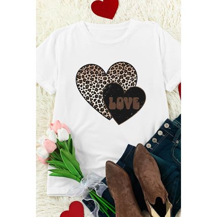 White Leopard LOVE Double Heart Printed Valentines Graphic Tee