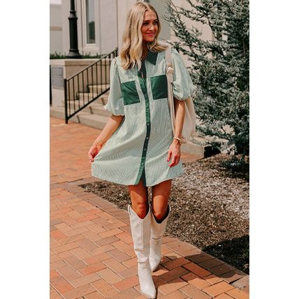 Green Patch Pockets Button Down Short Puff Sleeve Dress
