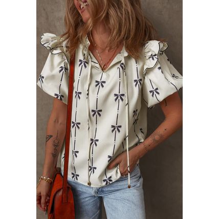 Beige Bow Printed Ruffled Bubble Sleeve Tied Notched V Neck Blouse