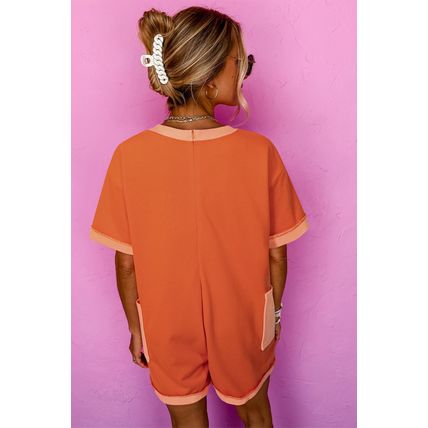 Russet Orange Two-tone Short Sleeve V Neck Patched Pocket Loose Romper