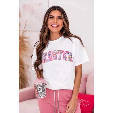White Cheerful Leopard EASTER Letter Graphic Tee