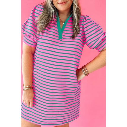 Rose Stripe Collared V Neck Puff Sleeve Shift T Shirt Dress with Pockets