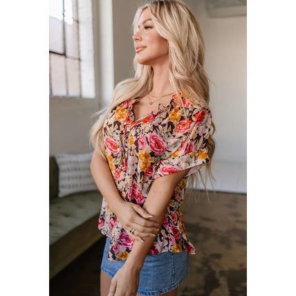 Pink Floral Print Crew Neck Short Sleeve Shift Blouse