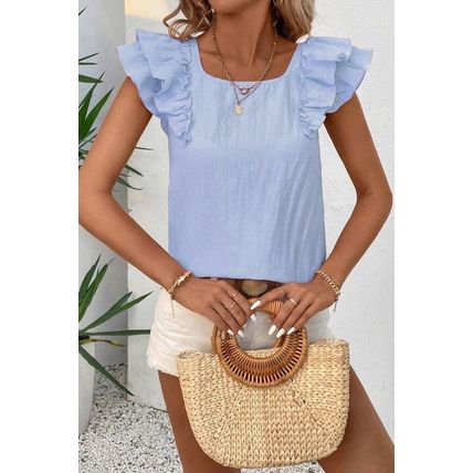 Beau Blue Textured Bow Knot Frilled Butterfly Sleeve Blouse