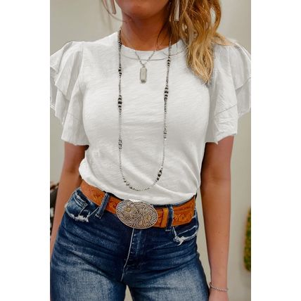 White Layered Ruffle Short Sleeve Round Neck Top