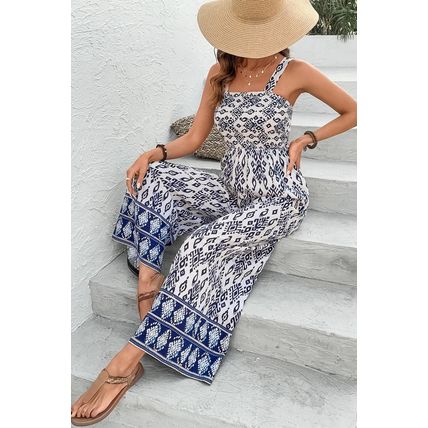 Blue Boho Geometric Print Shirred High Waist Wide Leg Jumpsuit