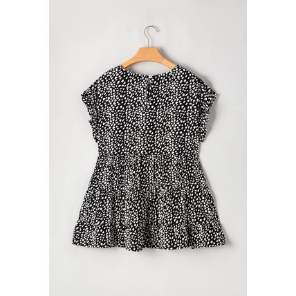Black Leopard Print Ruffled Short Sleeve Keyhole Back Tiered Flowy Plus Size Blo