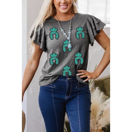 Dark Grey Sequin Turquoise Pattern Ruffle Sleeve Cowgirl Tee