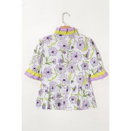 Purple Floral Print Striped Detail Split Neck Flounce Short Sleeve Peplum Blouse