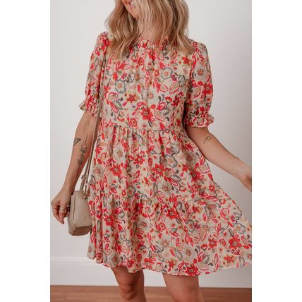 Multicolour Floral Print Frilled Neck Puff Sleeve High Waist Dress