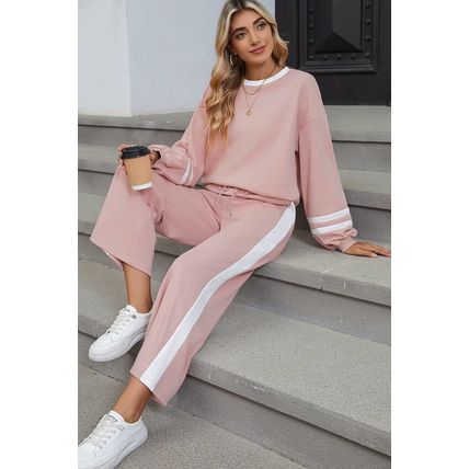 Pink Varsity Stripe Patchwork Puff Sleeve Pullover Drawstring Wide Leg Pant Set