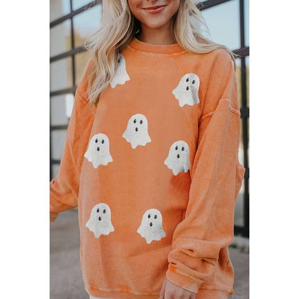 Orange Twisted Ribbed Texture Halloween Ghost Sequin Patched Sweatshirt