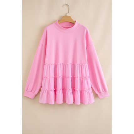 Pink Tiered Ruffle Ribbed Crew Neck Pullover Plus Size Top