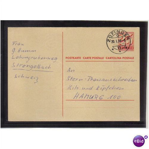 1959 SWITZERLAND PREPAID POSTCARD 25C ZOFINGEN PMK