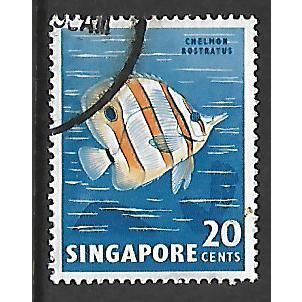 SINGAPORE 1962 20c COPPER BANDED BUTTERFLY FISH SG 71 FINE USED#