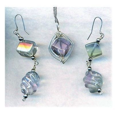Fluorite Silver Wire Wrap Gemstone Pendant Drop Earrings Set 1