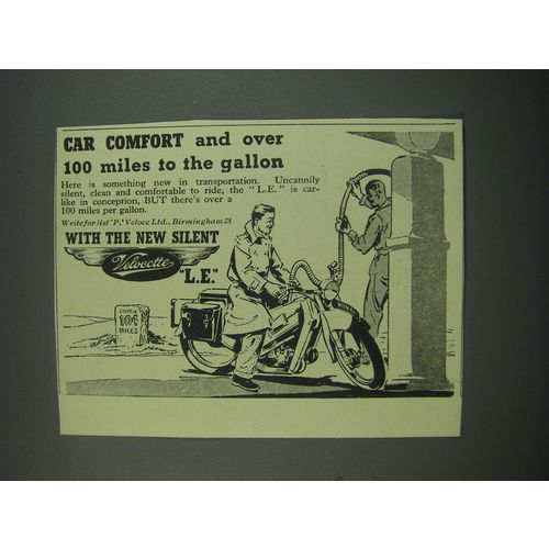 1949 Velocette L.E. Motorcycle Ad - Car comfort and over 100 miles to the gallon