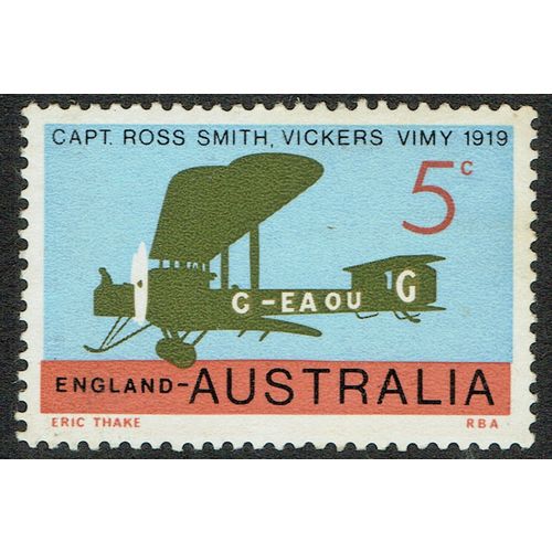 Australia 1969 50th Anniv 1st ENG-AUS Flight 5c Olive Black Blue & Red SG450 UM
