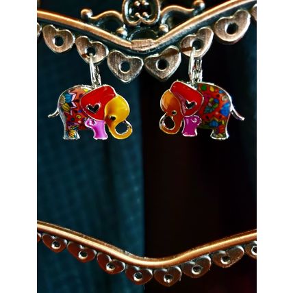 Enamel Elephant Earrings Red Ears, Orange Trunk