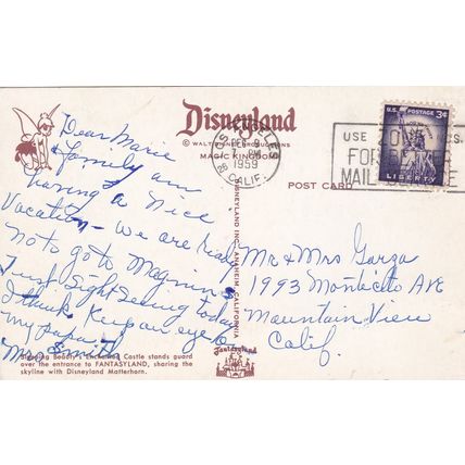 Disneyland - 1959 - Postcard & Stamp - Vintage California - Castle, Matterhorn